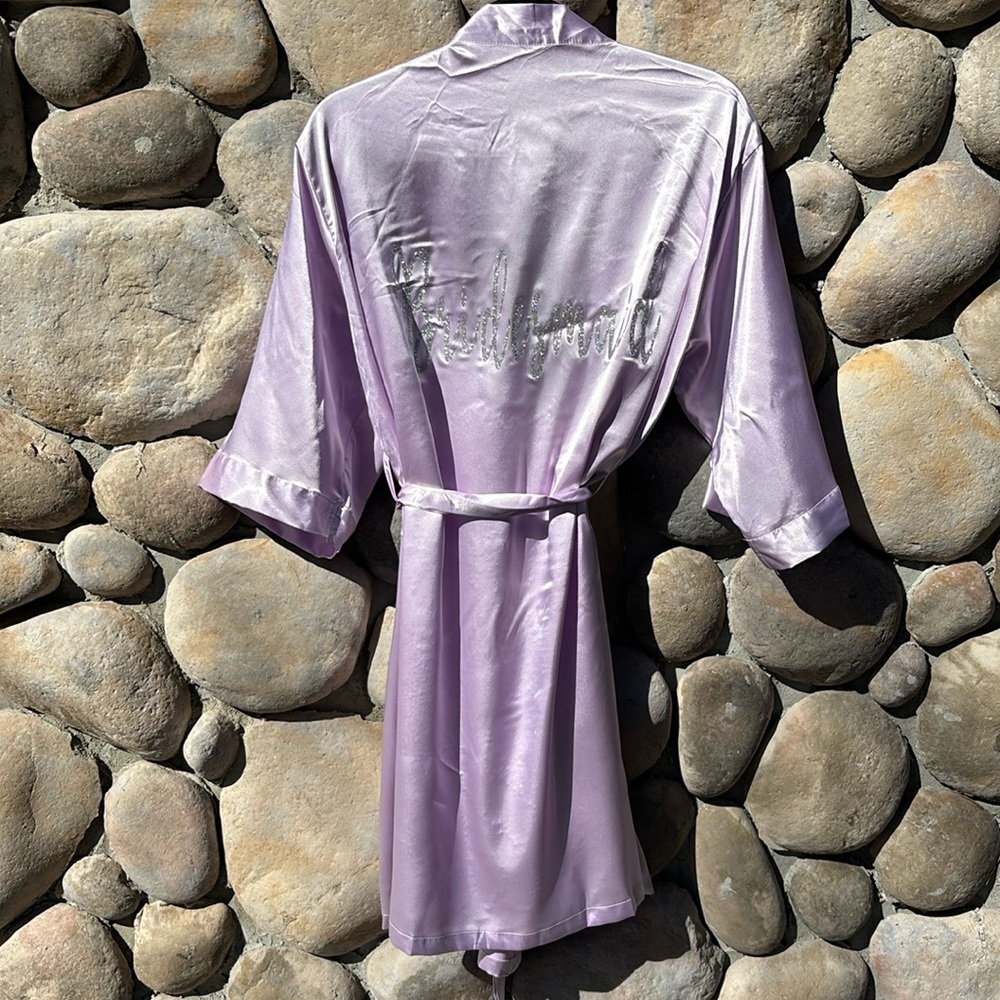 Lavender Robe with “Bridesmaid” Scripted in Silver Glitter
